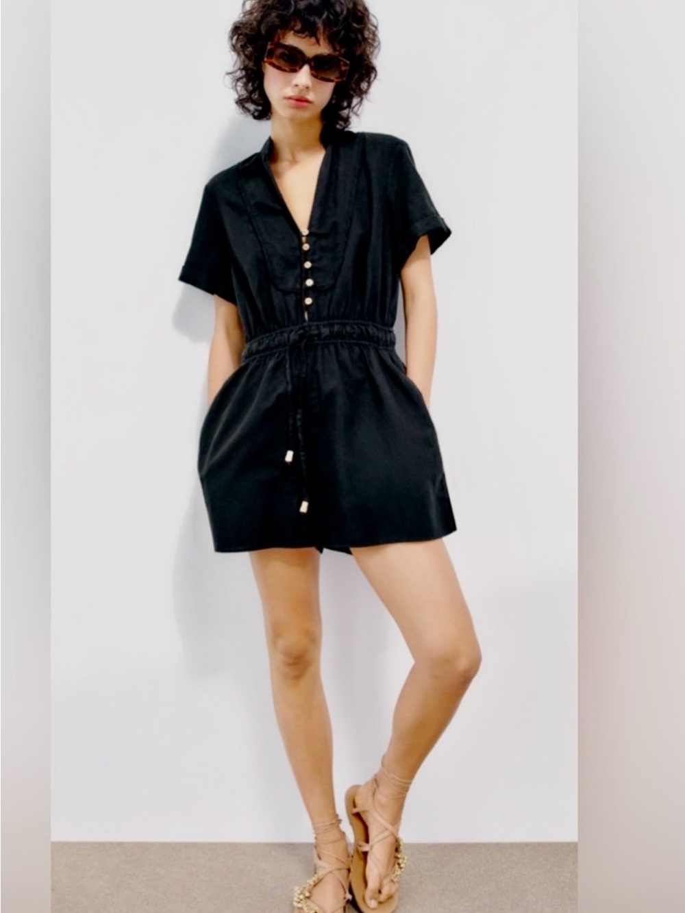 Zara linen blend black Romper with Drawstring Waist Size S
